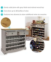 34.5-Inch H 28-Bottle Solid Pine Wine Rack Table - Four 7-Bottle Rows - 2 Drawers - Zinc Alloy Drawer Pulls - Gray