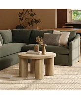 LuxenHome Oak Finish Manufactured Wood Round Coffee Table with 4 Pillar Legs