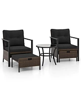 Gymax Set of 5 Furniture Rattan Chairs & Ottomans w/ Glass Topped Coffee Table Patio