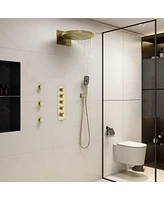 3-Function Wall Mounted 16" Thermostatic Shower System with Body Jets, 2-Mode Rainfall Showerhead, 3-Spray Handheld for Bathroom, Brushed Gold