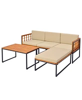 Gymax 5PCS Furniture Set Acacia Wood Sectional Set with Seat & Back Cushions Patio