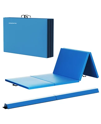 BalanceFrom Fitness All-Purpose Folding Anti Tear 4 Panel Fitness Mat w/ Sectional Floor Balance Beam for Aerobics & Gymnastics, Blue