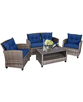 Gymax 4PCS Rattan Furniture Set Coffee Table Cushioned Sofa Garden Lawn Patio