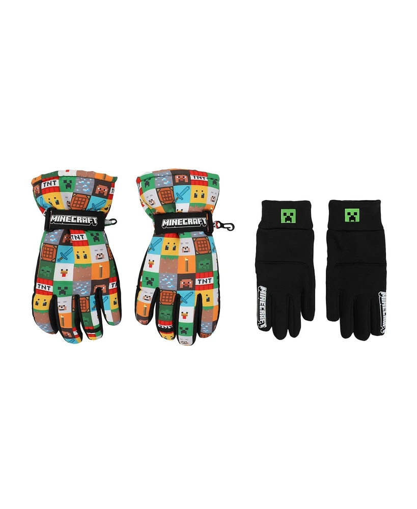 Minecraft Boys Icons All-Over Print Youth Ski Gloves with Sure Grip Liners