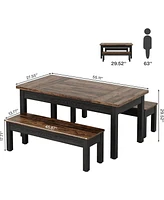 Tribesigns 55-Inch Large Dining Table Set for 4-6, 3 Pieces Wood Kitchen with 2 Benches, Rectangular Dinner Room Kitchen, R