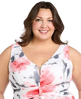 R & M Richards Plus Printed Ruched-Waist Pleated Dress