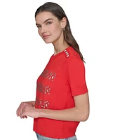 Karl Lagerfeld Paris Petite Crystal Bonjour Short-Sleeve Sweater