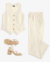 Jones New York Womens Striped Button Front Vest Wide Leg Pants