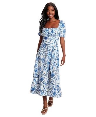 London Times Petite Floral-Print Puff-Sleeve Maxi Dress