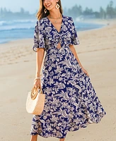 Women's Indigo Tropics Floral Maxi Beach Dress