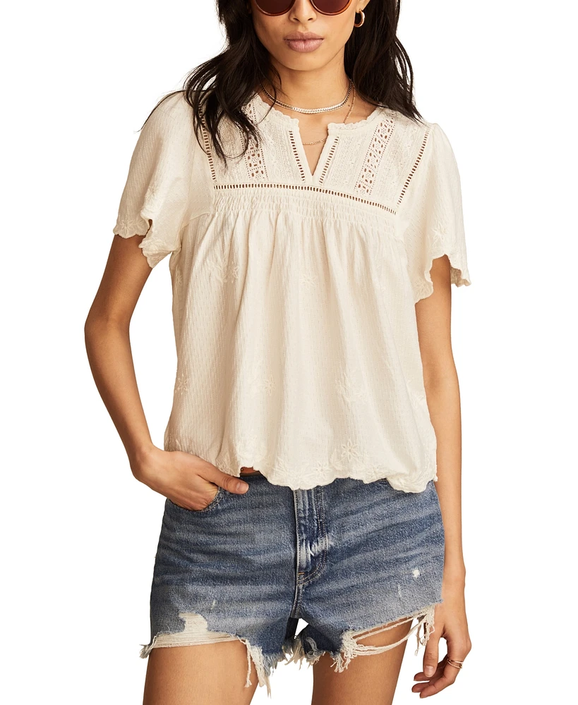 Lucky Brand Women's Embroidered Flutter-Sleeve Top