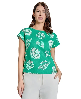 Jones New York Women's Printed Linen-Blend Button-Trim Blouse