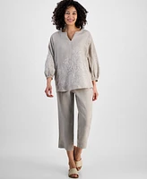 Charter Club Petite 100% Linen Embroidered Top, Exclusively at Macy's
