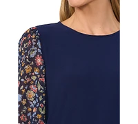 CeCe Women's Mixed-Media Floral-Sleeve Round-Neck Top