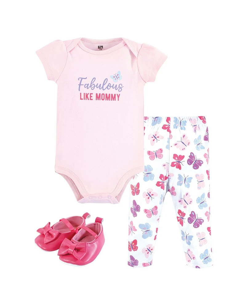 Hudson Baby Infant Girl Cotton Bodysuit, Pant and Shoe Set, Fabulous Butterfly