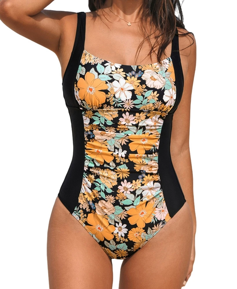 Women's Scoop Neck Adjustable Wide Straps One Piece Swimsuit