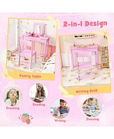 2-in-1 Kids Vanity Makeup Table and Chair Set with Flip-Top Mirror Fun Stylish Dressing for