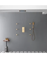 4 Function Led Luxury Shower System with Side Body Jets Thermostatic Faucet Handheld Head, Brushed Gold