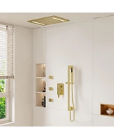 Luxury Shower System Square Top Spray with Body Jets, Led Light Single-Function Handle, and Adjustable Lifting Rod for Bathroom, Brushed Gold