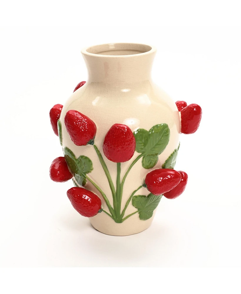 LuxenHome Ivory with Red Strawberries Ceramic 11-Inch Tall Vase