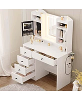 White Vanity Set with Mirror and Lights , Makeup Vanity Desk with Jewelry Armoire & Charging Station & 5 Drawers