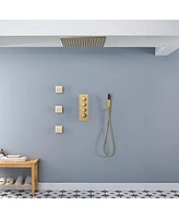 Chrome Luxury Thermostatic Shower System with Handheld Ceiling Mount Rain Dual Heads 3 Body Jets