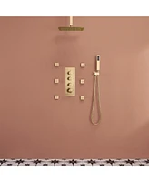 Brushed Gold Celling Mount Thermostatic Rain Shower System with Handheld and Wall Body Jets 3 Functions Faucet