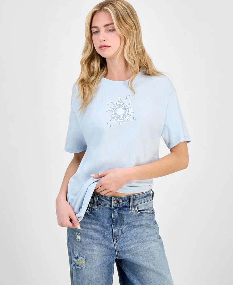 Pretty Rebellious Juniors' Cotton Celestial Graphic-Print Boyfriend Tee