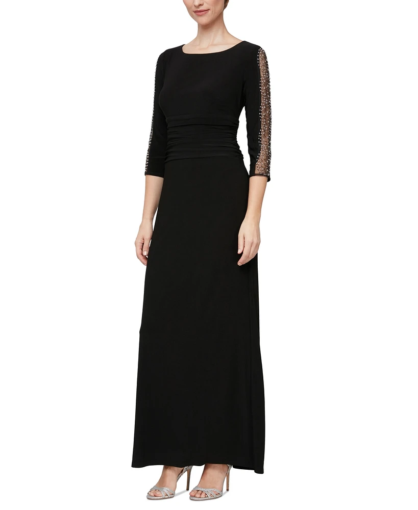 Sl Fashions Women's Beaded-Sleeve Ruched-Waist Gown