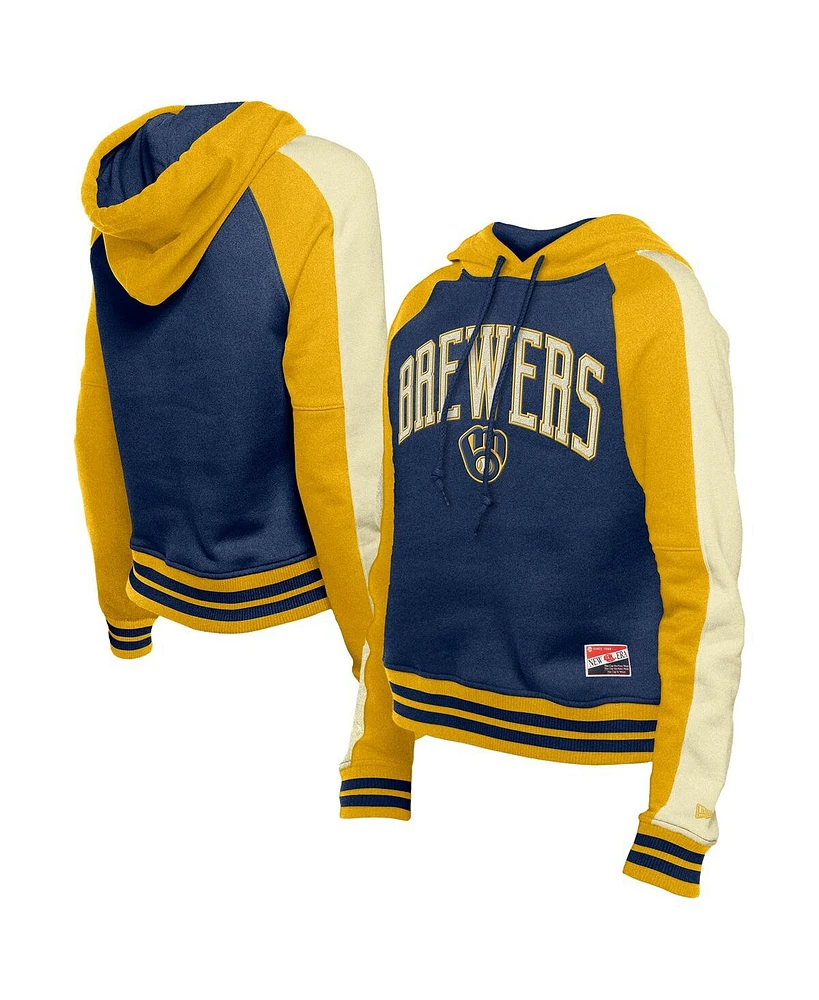 New Era Women's Navy Milwaukee Brewers Cooperstown Collection Cropped Raglan Pullover Hoodie