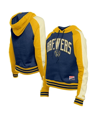 New Era Women's Navy Milwaukee Brewers Cooperstown Collection Cropped Raglan Pullover Hoodie