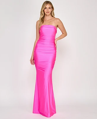 Crystal Doll Juniors' Strapless Satin Tube Gown