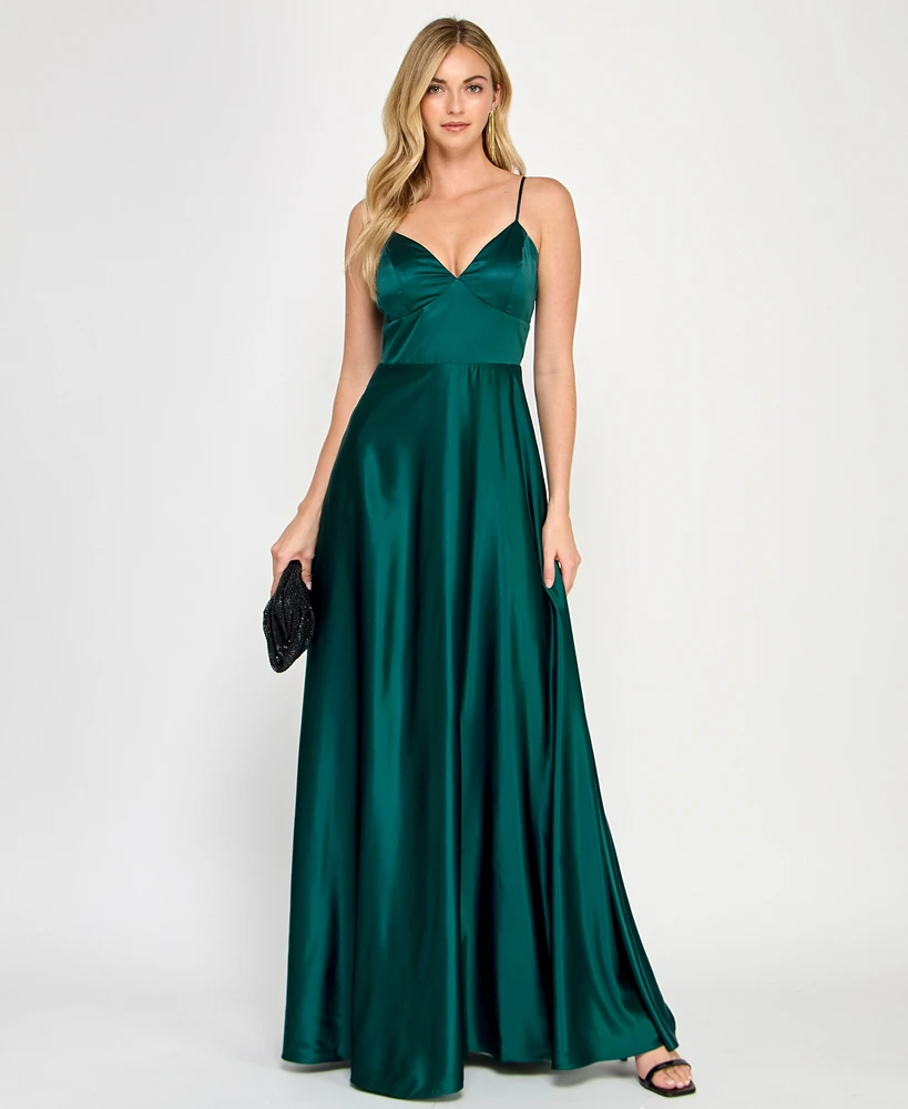 Crystal Doll Juniors' Sherri Satin Tie-Back Gown