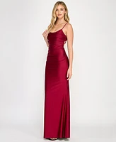Crystal Doll Juniors' Ruched Strappy-Back Satin Gown