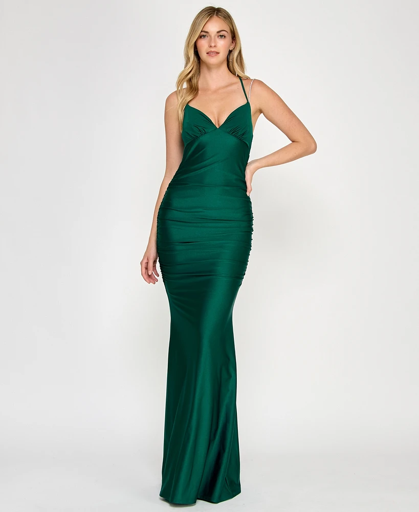 Crystal Doll Juniors' Rhinestone-Strap Lace-Up-Back Gown
