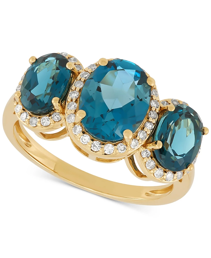 London Blue Topaz (4 ct. t.w.) & Diamond (1/4 ct. t.w.) Oval Trio Halo Ring in 10k Gold
