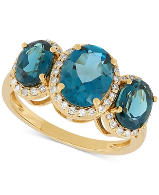 London Blue Topaz (4 ct. t.w.) & Diamond (1/4 ct. t.w.) Oval Trio Halo Ring in 10k Gold