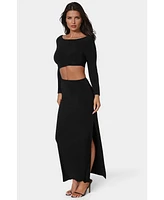 Bebe Women's Asymmetrical Cut Out Long Sleeve Maxi Dress