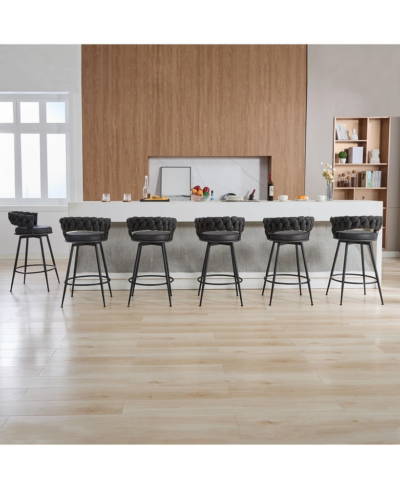 Dyhome 28 inch Bar Stools Set of 6, Modern Counter Height Stools, 360 Swivel Suede Fabric Stool Chairs with Woven Back and Footrest for Kitchen Is