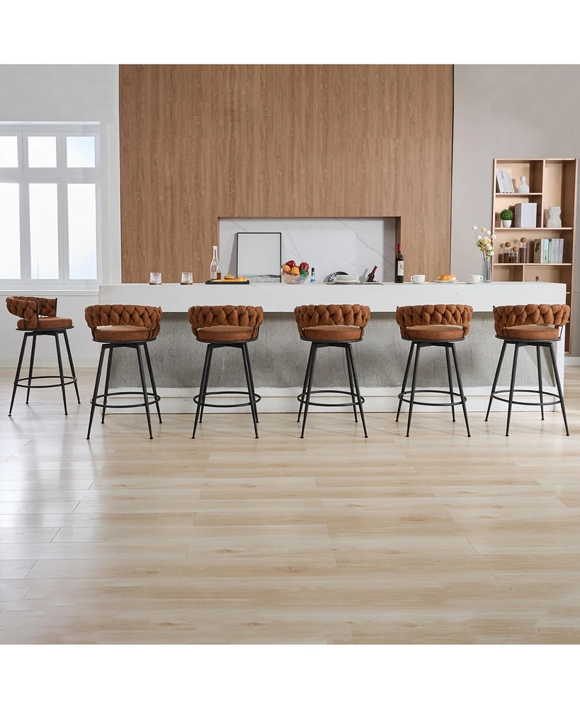 Dyhome 28 inch Bar Stools Set of 2, Modern Counter Height Stools, 360° Swivel Suede Fabric Stool Chairs with Woven Back and Footrest for Kitc