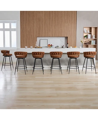 Dyhome 28 inch Bar Stools Set of 2, Modern Counter Height Stools, 360° Swivel Suede Fabric Stool Chairs with Woven Back and Footrest for Kitc