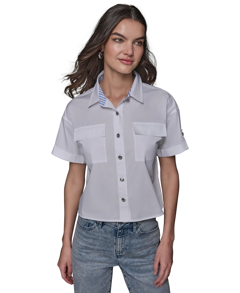 Karl Lagerfeld Paris Women's Poplin Short-Sleeve Button-Front Top