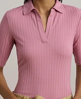 Lauren Ralph Women's Rib-Knit Elbow-Sleeve Polo Tee