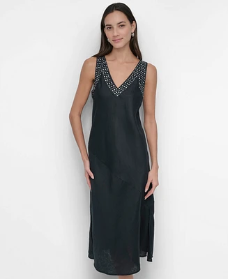 Dkny Women's Linen Sleeveless Studded V-Neck Dress