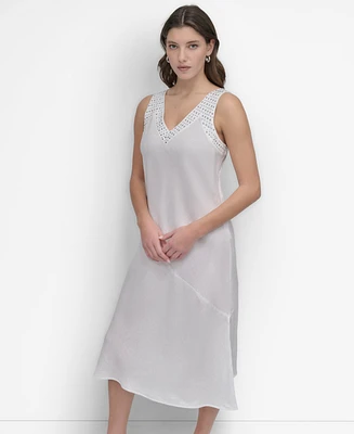 Dkny Women's Linen Sleeveless Studded V-Neck Dress