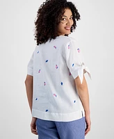 Charter Club Petite Floral-Embroidered Linen Tie-Sleeve Top, Exclusively at Macy's