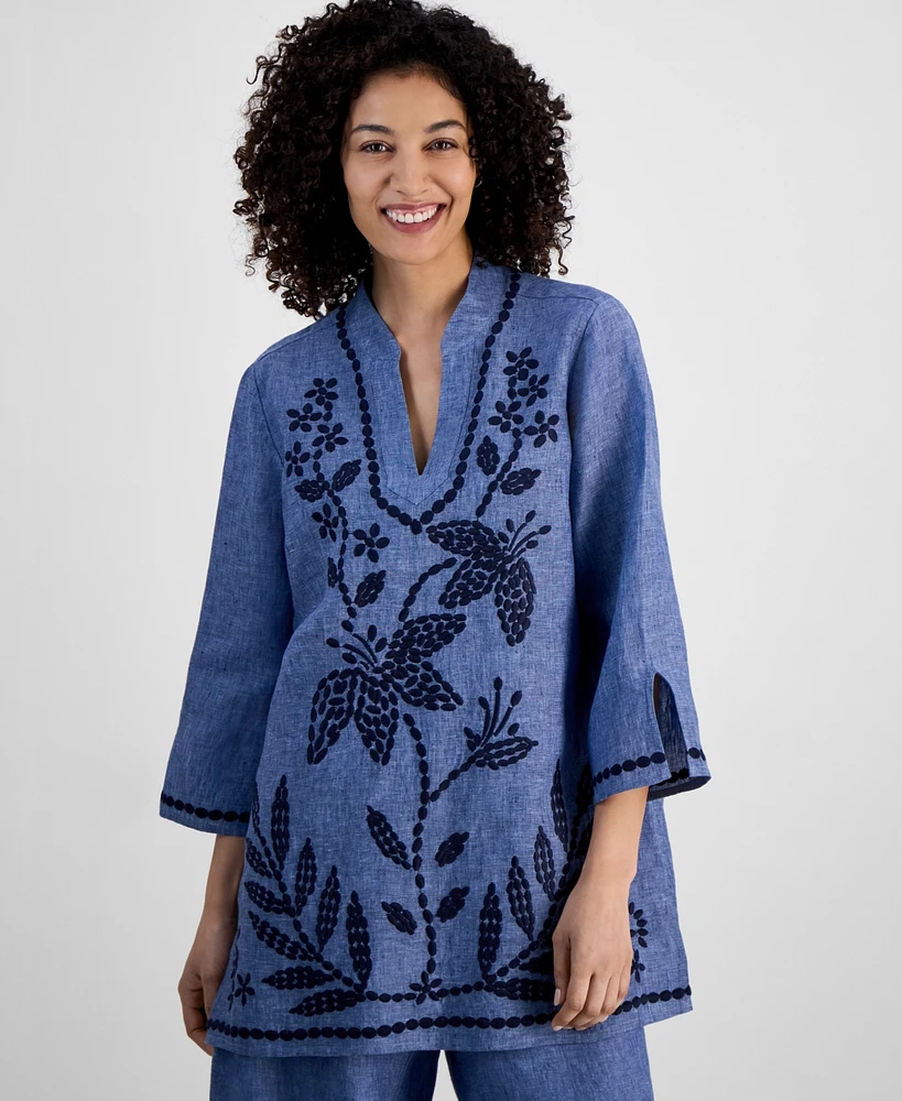 Charter Club Petite Embroidered Linen Tunic, Exclusively at Macy's