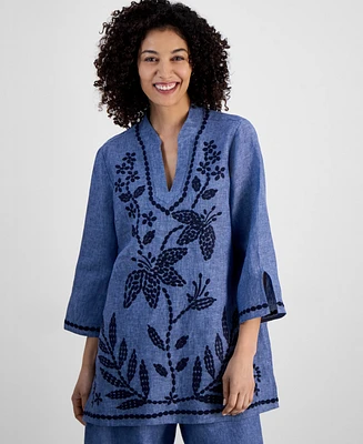 Charter Club Petite Embroidered Linen Tunic, Exclusively at Macy's