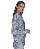 Karl Lagerfeld Paris Women's Satin Geo-Print Oversized Button-Front Top
