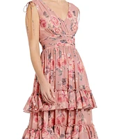 Mac Duggal Women's Drawstring Shoulder Floral Chiffon Tiered Gown